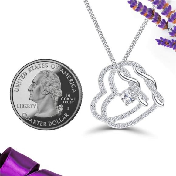 Platinum Plated Sterling Silver Heart Necklace Gift for Women Mom Necklace - Picture 4 of 7